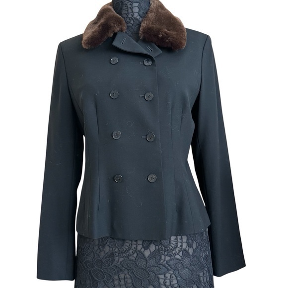 Lauren Ralph Lauren Black Wool Faux Fur Collar Fitted Blazer Jacket Size 10 NWOT - Picture 1 of 16